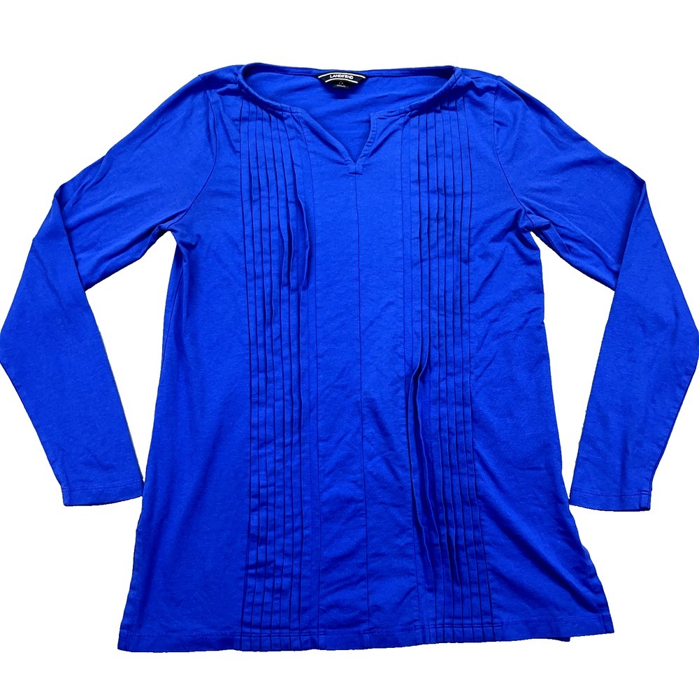 Lands End Blouse Women's Sz S Blue Knit Pleated Neckline 3/4 Sleeve‎ Pullover